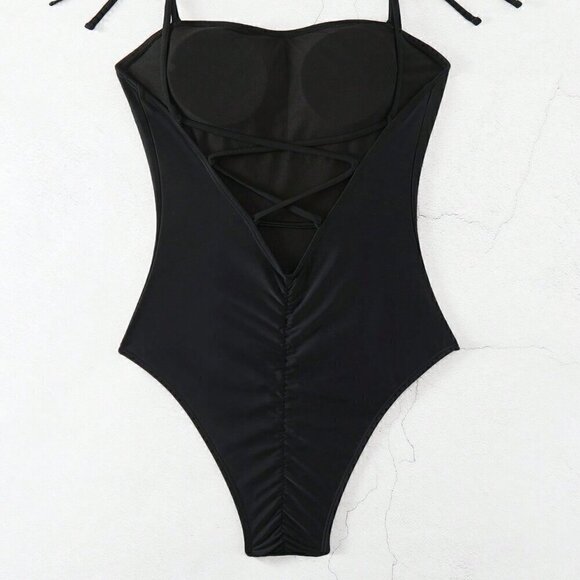 Black Vacation Style Women's Swim Summer Beach Solid Color One-Piece Swimsuit - Picture 4 of 5